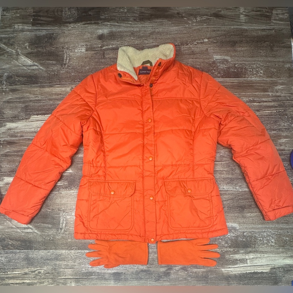 Lands’ End Puffer Jacket Sherpa Collar – Orange - Med - Great Used Condition